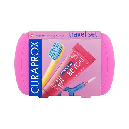 Curaprox Travel Set Pink : skládací zubní kartáček CS 5460 Ultra Soft 1 ks + zubní pasta Be You Challenger Gin Tonic & Persimmon 10 ml + mezizubní kartáček 2 ks + držák na mezizubní kartáček 1 ks