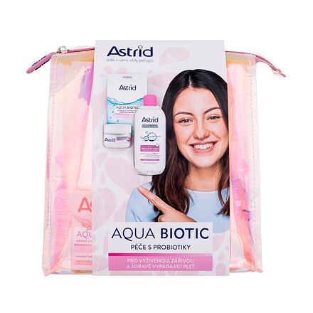 Astrid Aqua Biotic : denní a noční pleťový krém Aqua Biotic Day And Night Cream 50 ml + micelární voda Aqua Biotic 3in1 Micellar Water 400 ml + textilní pleťová maska Aqua Biotic Anti-Fatigue and Quenching Tissue Mask 1 ks + kosmetická taštička pro ženy