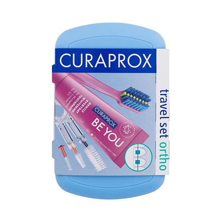 Curaprox Travel Ortho Blue : skládací zubní kartáček CS 5460 Ortho 1 ks + zubní pasta Be You Challenger Gin Tonic & Persimmon 10 ml + držák na mezizubní kartáčky 1 ks + mezizubní kartáček 3 ks