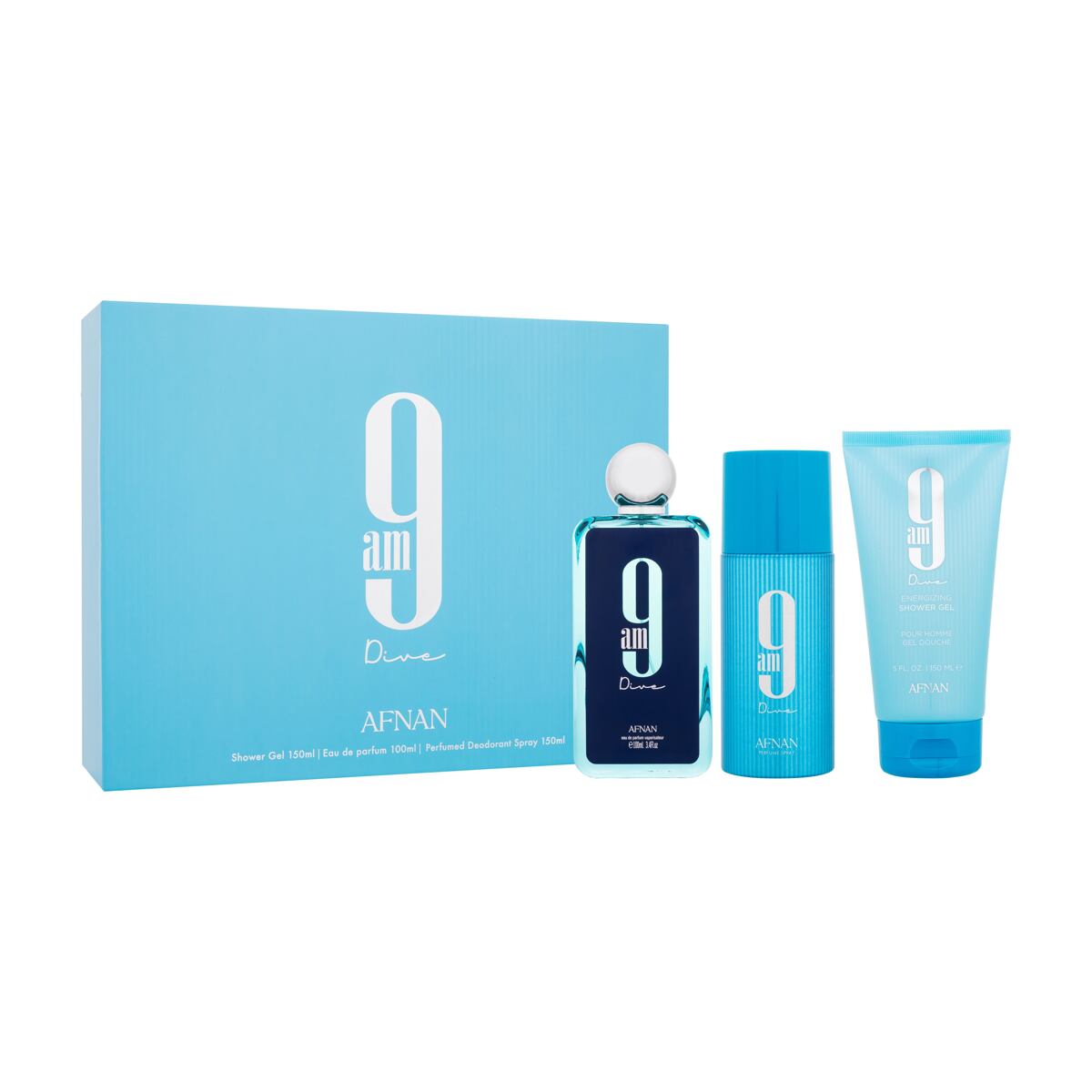 Afnan 9am Dive dárková sada parfémovaná voda 100 ml + sprchový gel 150 ml + deodorant 150 ml unisex