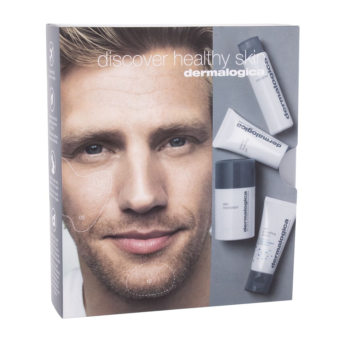 Dermalogica Discover Healthy Skin sada pleťový krém Skin Smoothing Cream 15 ml + pleťový čisticí olej Precleanse 30 ml + pleťový čisticí gel Special Cleansing Gel 15 ml + pleťový peelingový pudr Daily Microfoliant 13 g pro muže