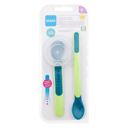 MAM Heat Sensitive Spoons & Cover 6m+ Green : dlouhá lžíce 1 ks + krátká lžíce 1 ks + pouzdro na lžíce