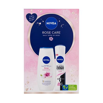Nivea Rose Care : sprchový gel Rose & Almond Oil 250 ml + antiperspirant Black & White Invisible Clear 150 ml pro ženy