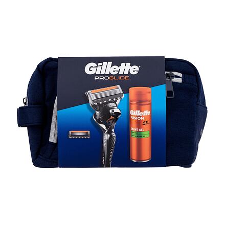 Gillette ProGlide : holicí strojek Proglide 1 ks + náhradní hlavice Proglide 1 ks + gel na holení Fusion Shave Gel Sensitive 200 ml + kosmetická taštička pro muže