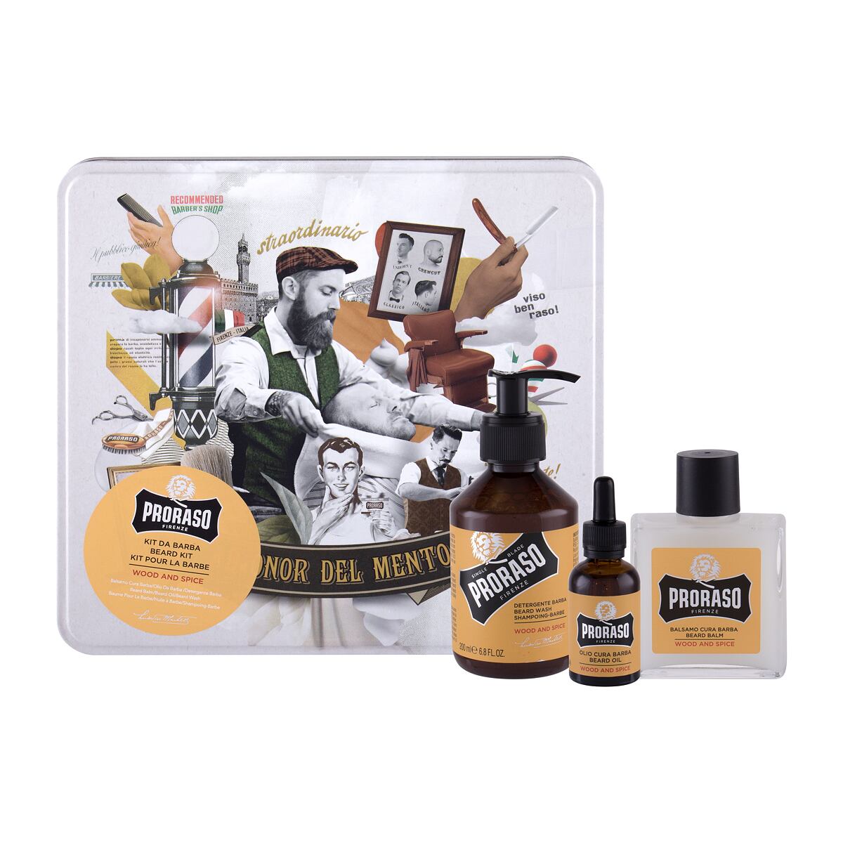 PRORASO Wood & Spice Beard Wash : šampon na vousy 200 ml + balzám na vousy 100 ml + olej na vousy 30 ml + plechová dóza