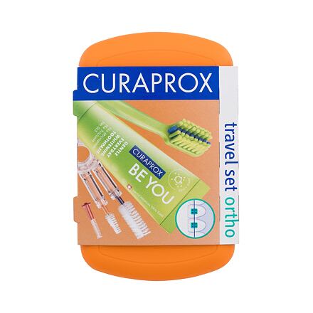Curaprox Travel Ortho Orange : skládací zubní kartáček CS 5460 Ortho 1 ks + zubní pasta Be You Explorer Apple & Aloe 10 ml + držák na mezizubní kartáčky 1 ks + mezizubní kartáček 3 ks