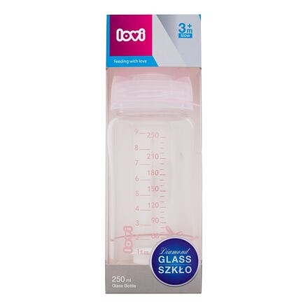 LOVI Baby Shower Glass Bottle Pink 3m+ skleněná láhev s dynamickou savičkou 250 ml