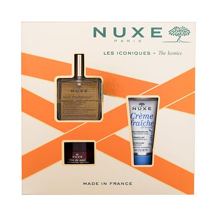NUXE The Iconics : suchý olej Huile Prodigieuse 50 ml + pleťový krém Créme Fraiche de Beauté 3-In-1 30 ml + balzám na rty Reve de Miel Honey 15 g pro ženy