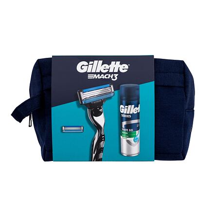 Gillette Mach3 : holicí strojek 1 ks + náhradní hlavice 1 ks + gel na holení Series Soothing With Aloe Vera Sensitive Shave Gel 200 ml + kosmetická taštička pro muže
