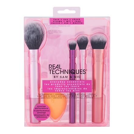 Real Techniques Brushes Everyday Essentials odstín růžová : štětec na tvářenku 1 ks + štětec na oční stíny 1 ks + štětec na rozjasňovač 1 ks + štětec na make-up 1 ks + houbička na make-up 1 ks