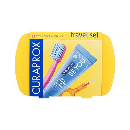 Curaprox Travel Set Yellow : skládací zubní kartáček CS 5460 Ultra Soft 1 ks + zubní pasta Be You Daydreamer Blackberry & Licorice 10 ml + mezizubní kartáček 2 ks + držák na mezizubní kartáček 1 ks