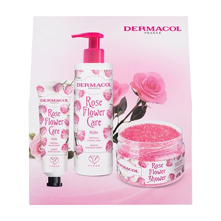 Dermacol Rose Flower : krémové mýdlo Rose Flower Care 250 ml + krém na ruce Rose Flower Care 30 ml + tělový peeling Rose Flower Shower 200 ml pro ženy