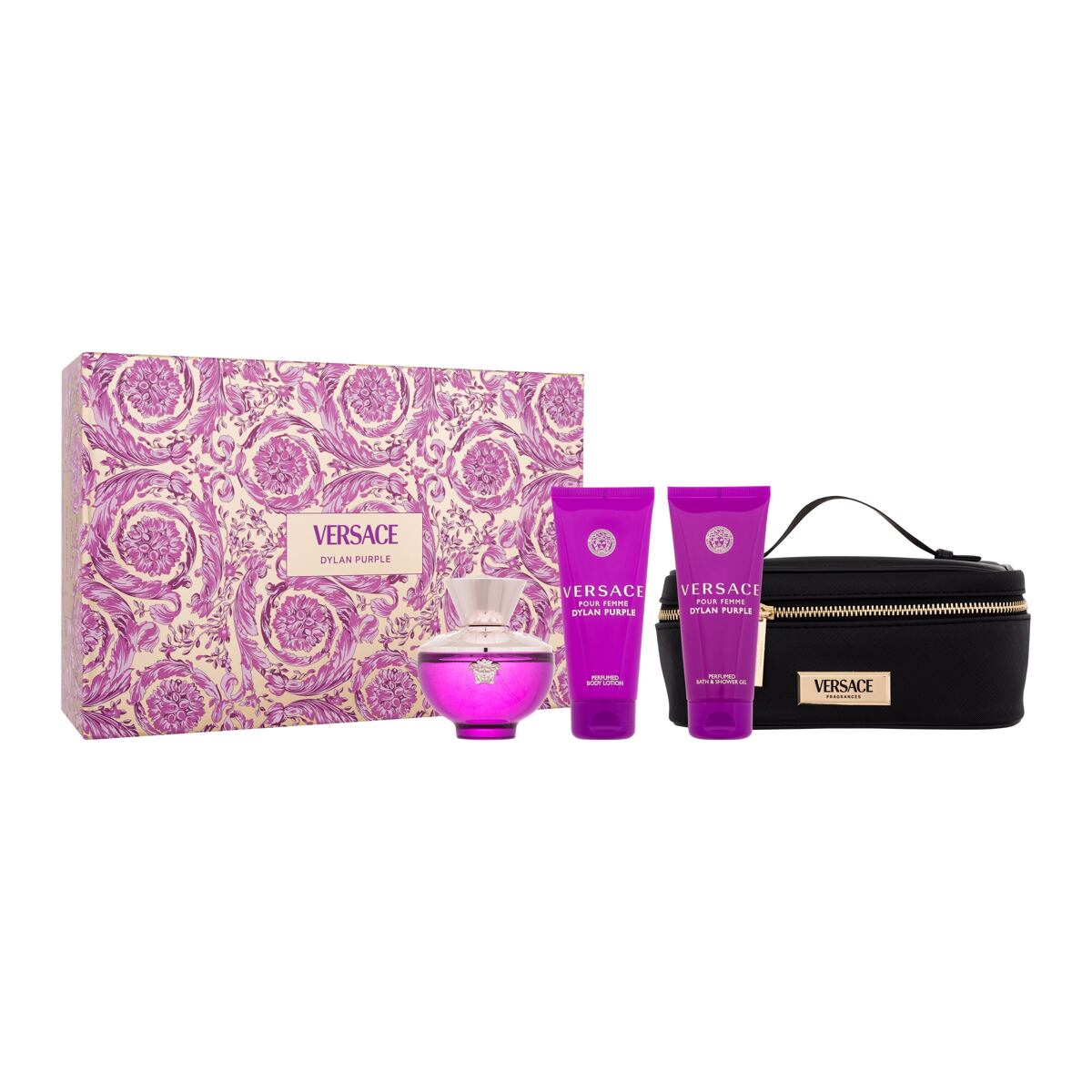 Versace Pour Femme Dylan Purple dárková sada parfémovaná voda 100 ml + sprchový gel 100 ml + tělové mléko 100 ml + kosmetická taštička pre ženy