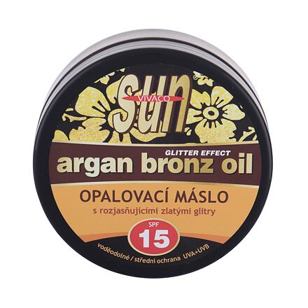 Vivaco Sun Argan Bronz Oil Glitter Effect SPF15 voděodolné opalovací máslo s arganovým olejem a třpytkami 200 ml