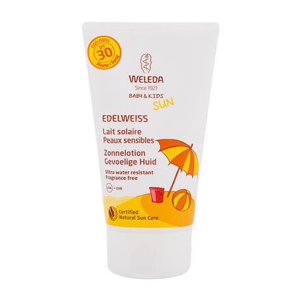 Weleda Baby & Kids Sun Edelweiss Sunscreen Sensitive SPF30 dětské voděodolné opalovací mléko na tělo i obličej 150 ml
