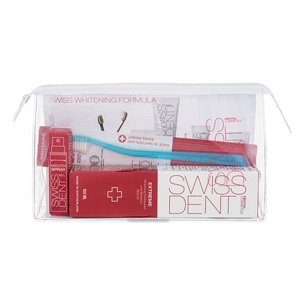 Swissdent Extreme Whitening : 100ml Extreme Whitening Toothpaste + 9ml Extreme Mouth Spray + Soft Toothbrush + Cosmetic Bag