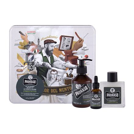 PRORASO Cypress & Vetyver Beard Wash : šampon na vousy 200 ml + balzám na vousy 100 ml + olej na vousy 30 ml + plechová dóza