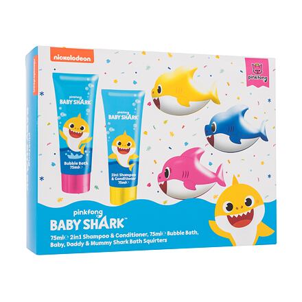 Pinkfong Baby Shark Gift Set : pěna do koupele Baby Shark 75 ml + 2in1 šampon a kondicionér Baby Shark 75 ml + hračka do koupele 3 ks pro děti