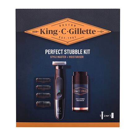 Gillette King C. Style Master Kit : zastřihovač vousů Style Master 1 ks + výměnné hřebenové nástavce 4 ks + hydratační krém King C Gillette 100 ml pro muže