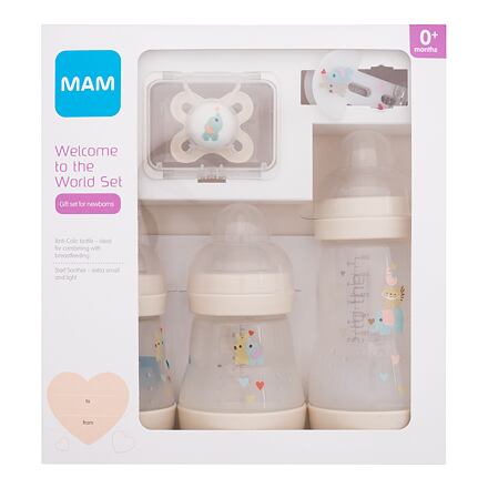MAM Welcome To The World Set 0m+ Beige : kojenecká láhev Anti-Colic 160 ml 2 ks + kojenecká láhev Anti-Colic 260 ml 1 ks + dudlík Start 1 ks + stužka na dudlík 1 ks