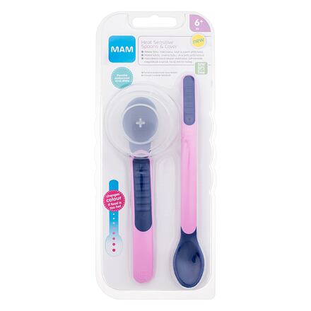 MAM Heat Sensitive Spoons & Cover 6m+ Pink : dlouhá lžíce 1 ks + krátká lžíce 1 ks + pouzdro na lžíce