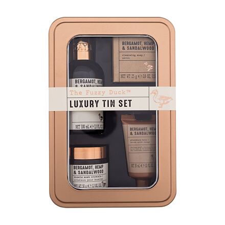 Baylis & Harding The Fuzzy Duck™ Bergamot, Hemp & Sandalwood Luxury Tin Set : sprchový gel na tělo i vlasy Bergamot, Hemp & Sandalwood 100 ml + koupelové krystaly pro uvolnění svalů Bergamot, Hemp & Sandalwood 50 ml + balzám po holení Bergamot, Hemp & San