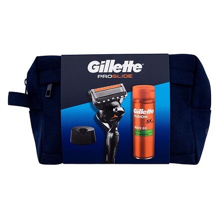 Gillette ProGlide : holicí strojek ProGlide 1 ks + gel na holení Fusion Shave Gel Sensitive 200 ml + držák na holicí strojek + kosmetická taštička pro muže