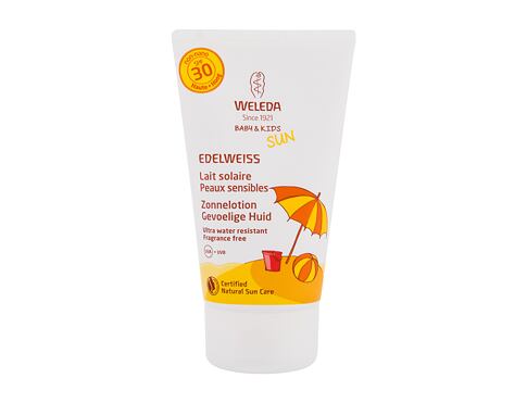Opalovací přípravek na tělo Weleda Baby & Kids Sun Edelweiss Sunscreen Sensitive SPF30 150 ml poškozená krabička